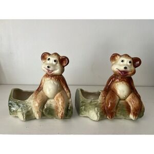 American Bisque Bear On‎ Log Planter Set Of 2 1950s Vintage Whimsical